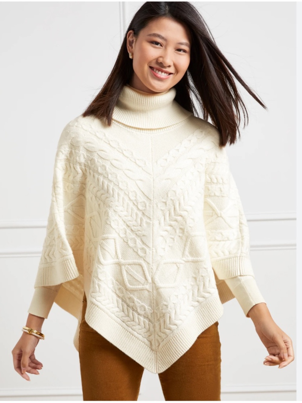 TALBOTS COWL NECK CREAM COLORED CABLE KNIT SWEATER PONCHO SZ X